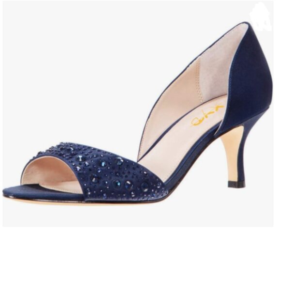 XYD Navy Peep Toe Rhinestones Crystals D'Orsay Sandals Mid Heels Slip-on Shoes - Picture 1 of 8